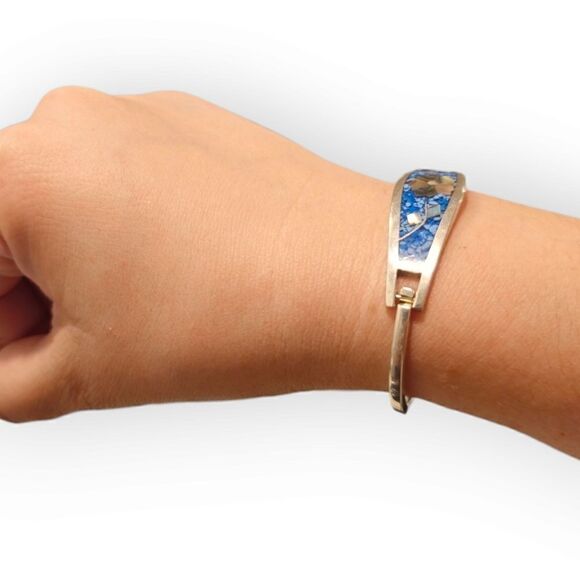 Vintage Alpaca Mexico Silver Blue Abalone Shell Mother-of-Pearl Flower Bracelet - Picture 9 of 14